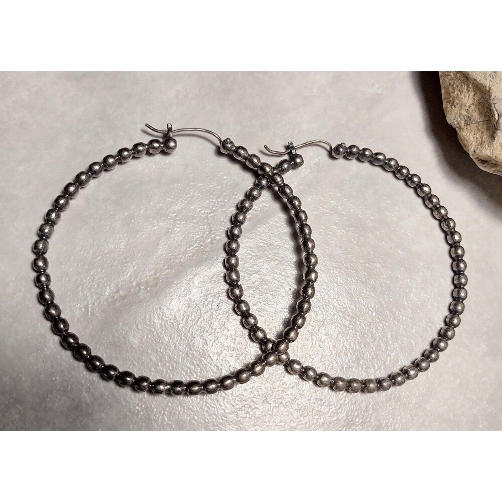 3" Vintage Silver tone Ball Bead Big Hoop Dangle Earrings - Picture 6 of 7